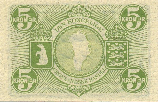 Обратная сторона банкноты Гренландии номиналом 5 Крон