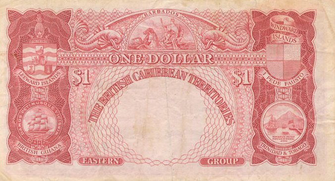 Обратная сторона банкноты Сент-Китс и Невис номиналом 1 Доллар
