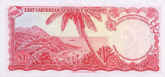 Обратная сторона банкноты Сент-Китс и Невис номиналом 1 Доллар