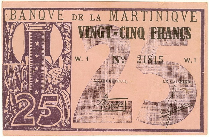 Лицевая сторона банкноты Мартиники номиналом 25 Франков