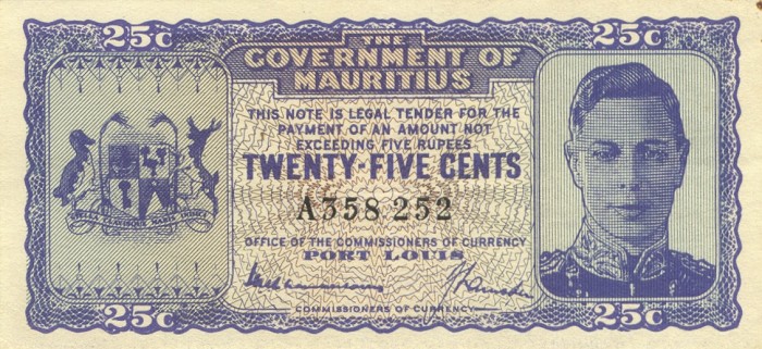 Лицевая сторона банкноты Маврикия номиналом 25 Центов