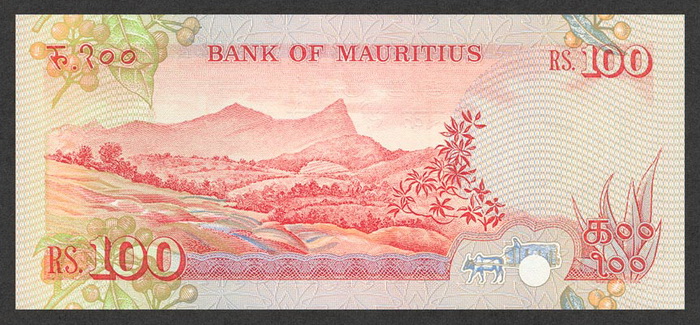 Обратная сторона банкноты Маврикия номиналом 100 Рупий