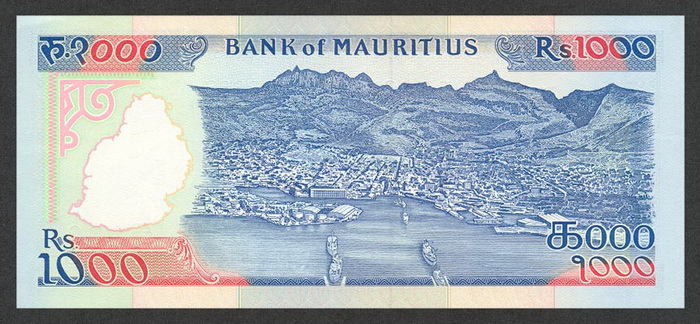 Обратная сторона банкноты Маврикия номиналом 1000 Рупий