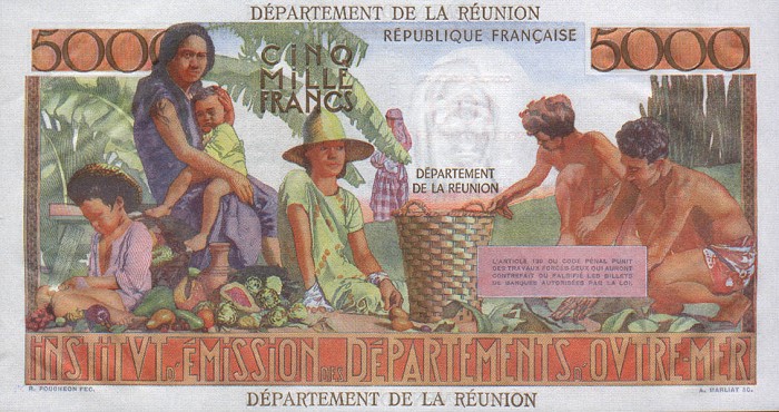 Обратная сторона банкноты Реюньона номиналом 100 Новых Франков — 5000 Франков
