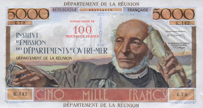 Лицевая сторона банкноты Реюньона номиналом 100 Новых Франков — 5000 Франков