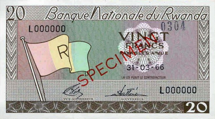Лицевая сторона банкноты Руанды номиналом 20 Франков