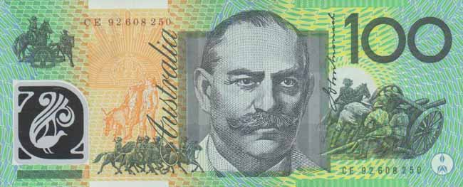 Обратная сторона банкноты Австралии номиналом 100 Долларов