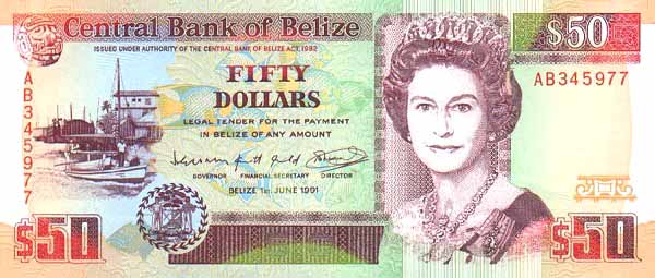Лицевая сторона банкноты Белиза номиналом 50 Долларов