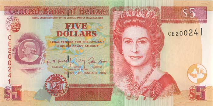 Лицевая сторона банкноты Белиза номиналом 5 Долларов