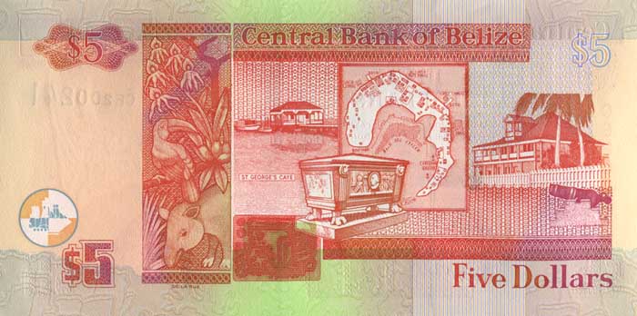 Обратная сторона банкноты Белиза номиналом 5 Долларов