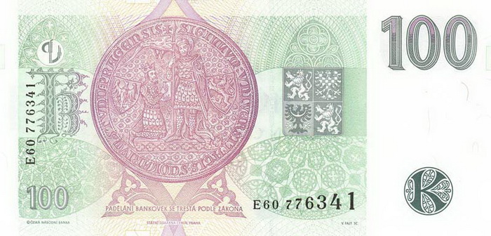 Обратная сторона банкноты Чехии номиналом 100 Крон
