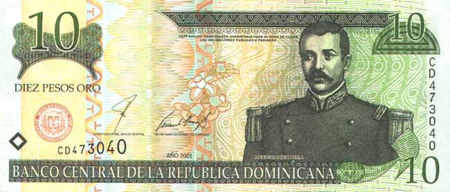Лицевая сторона банкноты Доминиканской республики номиналом 10 Песо