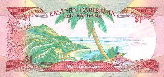 Обратная сторона банкноты Доминики номиналом 1 Доллар