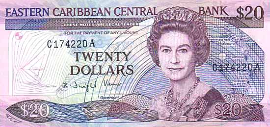Лицевая сторона банкноты Антигуа и Барбуды номиналом 20 Долларов