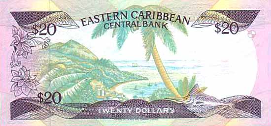 Обратная сторона банкноты Сент-Люсии номиналом 20 Долларов