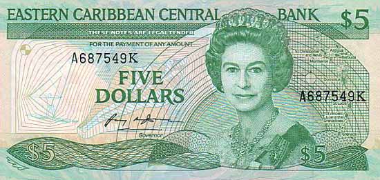 Лицевая сторона банкноты Антигуа и Барбуды номиналом 5 Долларов