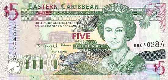 Лицевая сторона банкноты Антигуа и Барбуды номиналом 5 Долларов