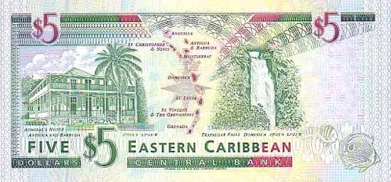 Обратная сторона банкноты Сент-Люсии номиналом 5 Долларов
