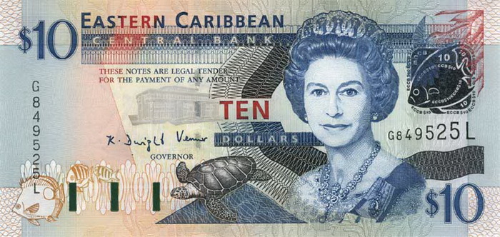 Лицевая сторона банкноты Антигуа и Барбуды номиналом 10 Долларов
