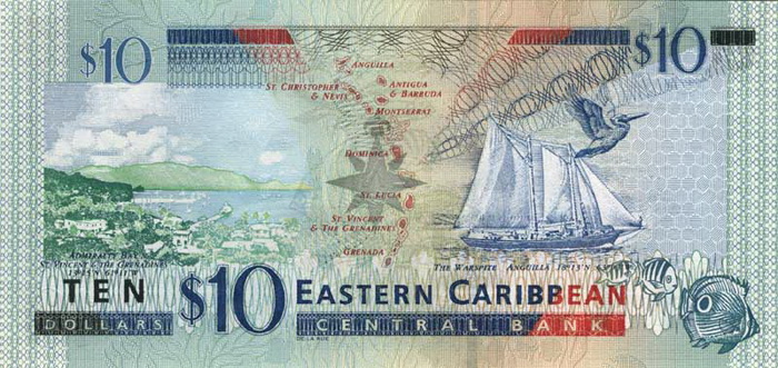 Обратная сторона банкноты Антигуа и Барбуды номиналом 10 Долларов