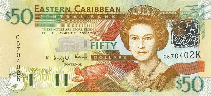 Лицевая сторона банкноты Британских Виргинских островов номиналом 50 Долларов