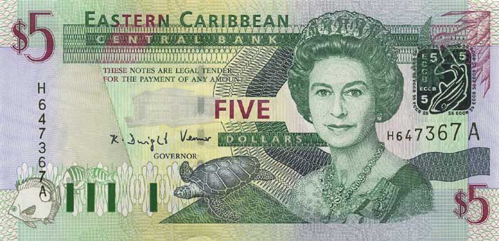 Лицевая сторона банкноты Доминики номиналом 5 Долларов