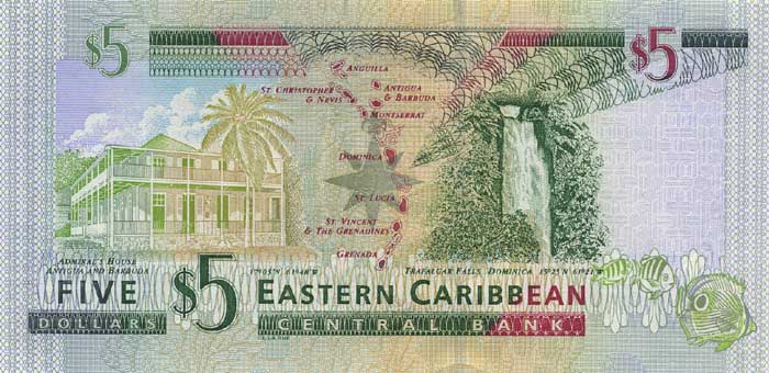 Обратная сторона банкноты Доминики номиналом 5 Долларов