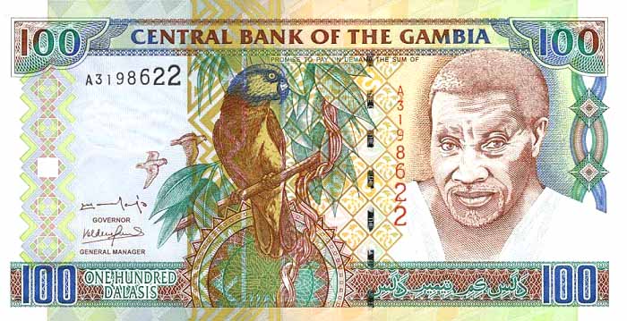 Лицевая сторона банкноты Гамбии номиналом 100 Даласи