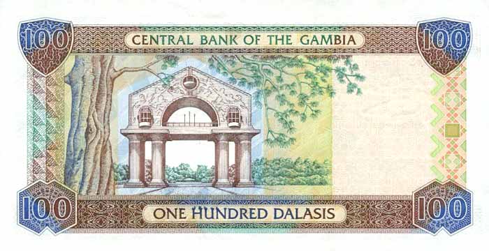 Обратная сторона банкноты Гамбии номиналом 100 Даласи