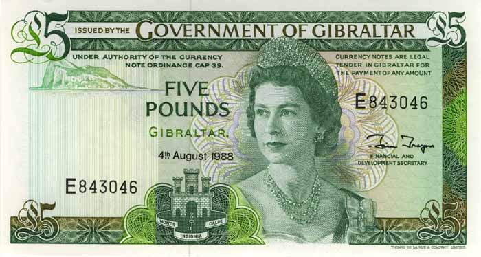 Лицевая сторона банкноты Гибралтара номиналом 5 Фунтов