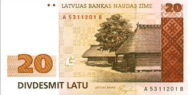 Лицевая сторона банкноты Латвии номиналом 20 Латов