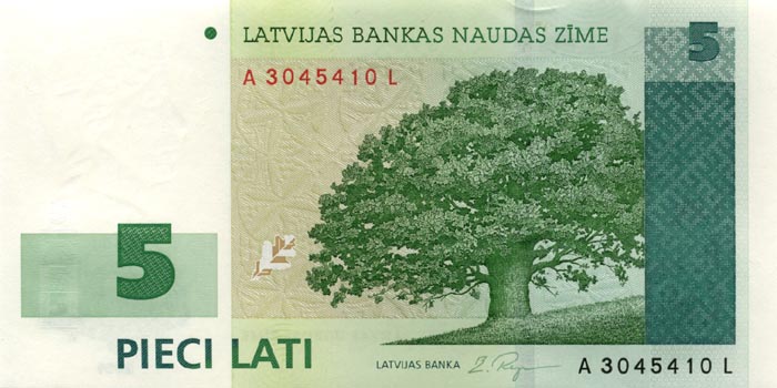 Лицевая сторона банкноты Латвии номиналом 5 Латов