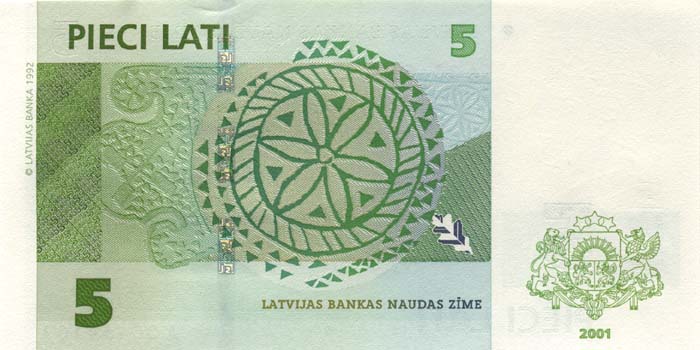 Обратная сторона банкноты Латвии номиналом 5 Латов