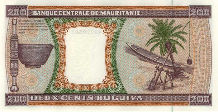 Обратная сторона банкноты Мавритании номиналом 200 Угий