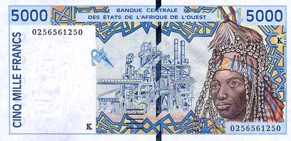 Лицевая сторона банкноты Буркина-Фасо номиналом 5000 Франков