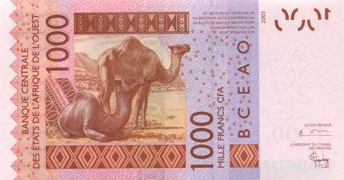 Обратная сторона банкноты Буркина-Фасо номиналом 1000 Франков