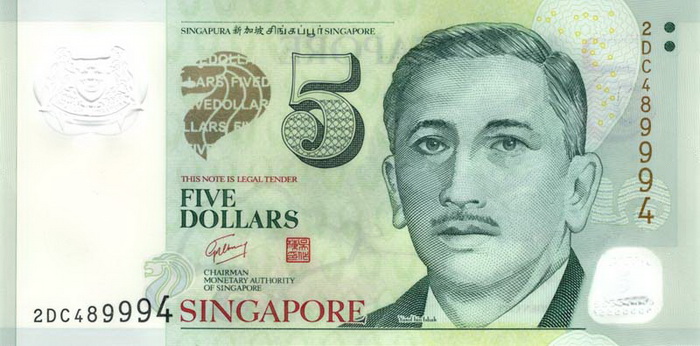 Лицевая сторона банкноты Сингапура номиналом 5 Долларов