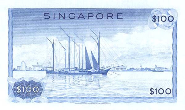 Обратная сторона банкноты Сингапура номиналом 100 Долларов