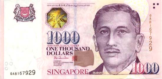 Лицевая сторона банкноты Сингапура номиналом 1000 Долларов