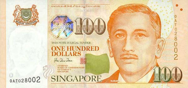 Лицевая сторона банкноты Сингапура номиналом 100 Долларов