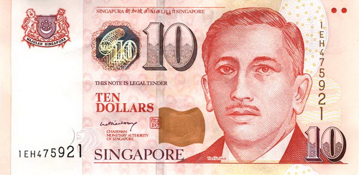 Лицевая сторона банкноты Сингапура номиналом 10 Долларов