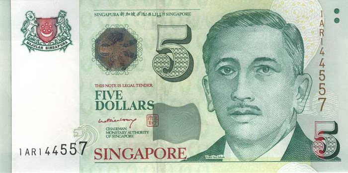 Лицевая сторона банкноты Сингапура номиналом 5 Долларов