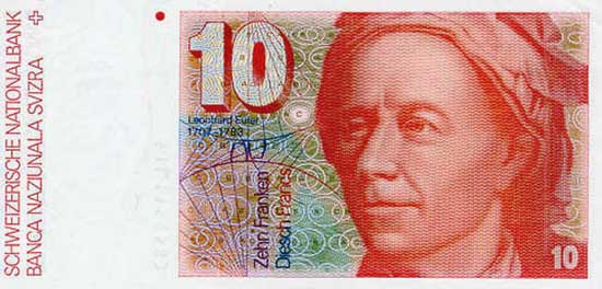 Лицевая сторона банкноты Швейцарии номиналом 10 Франков
