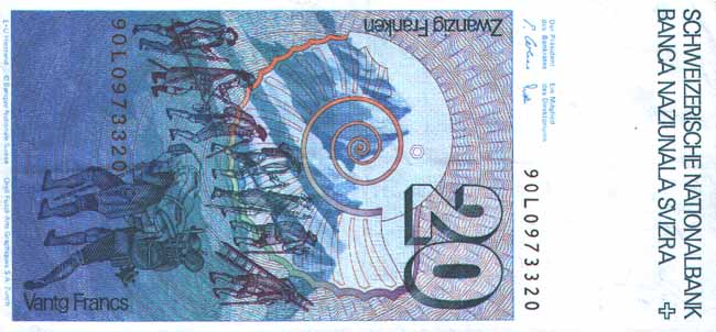 Обратная сторона банкноты Швейцарии номиналом 20 Франков