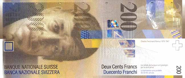 Лицевая сторона банкноты Швейцарии номиналом 200 Франков