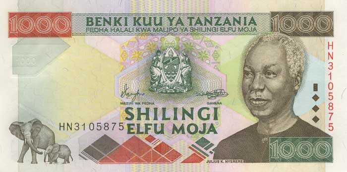 Лицевая сторона банкноты Танзании номиналом 1000 Шиллингов